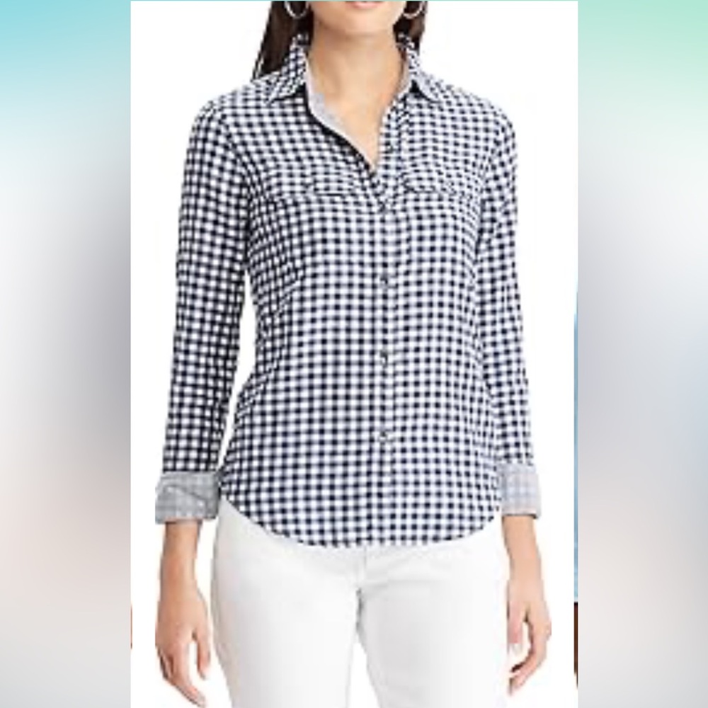 Chaps Classic 100% cotton plaid blue button down shirt, women's size L